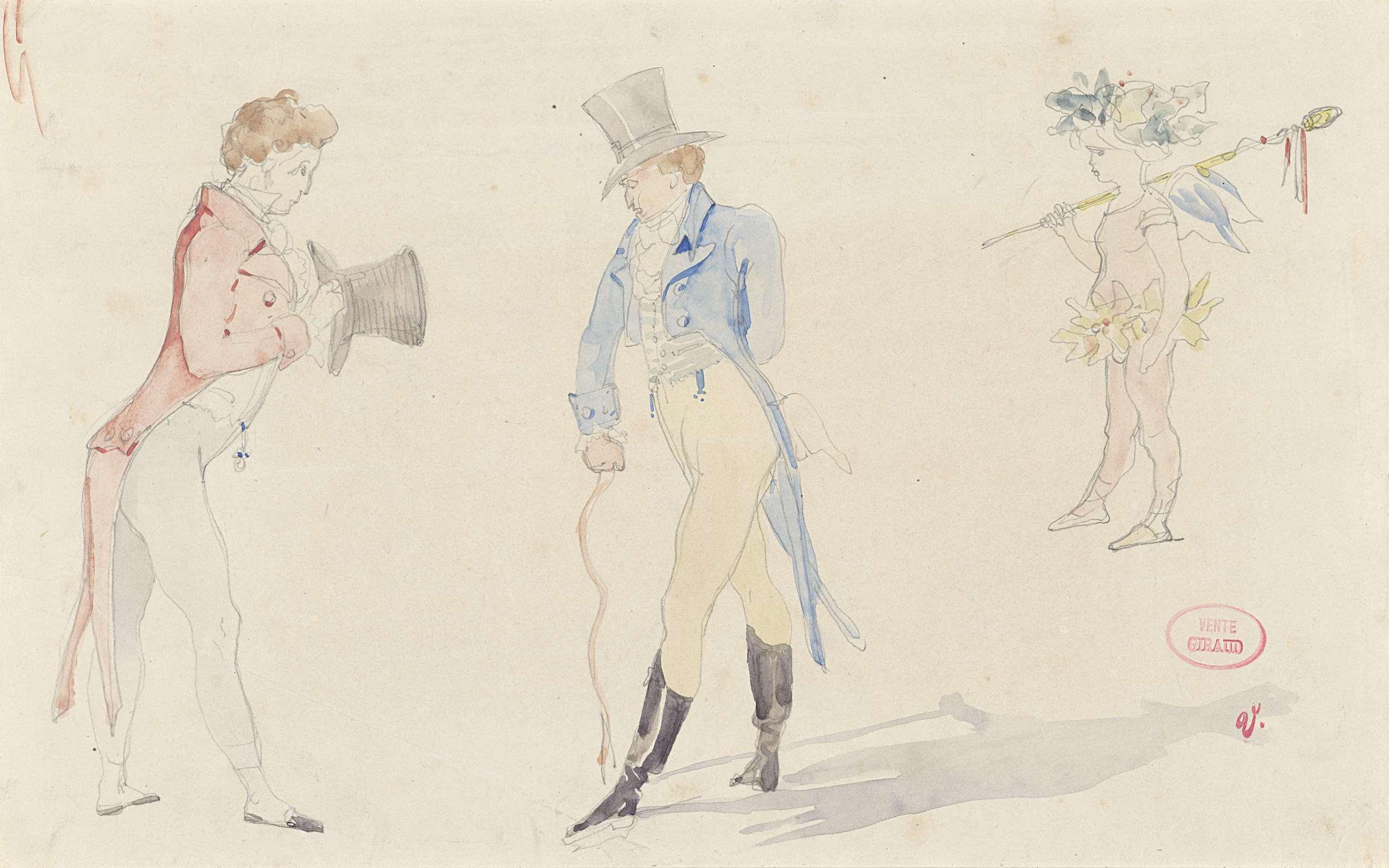 Licht schetsblad met twee elkaar ontmoetende dandies en een ballet-amour