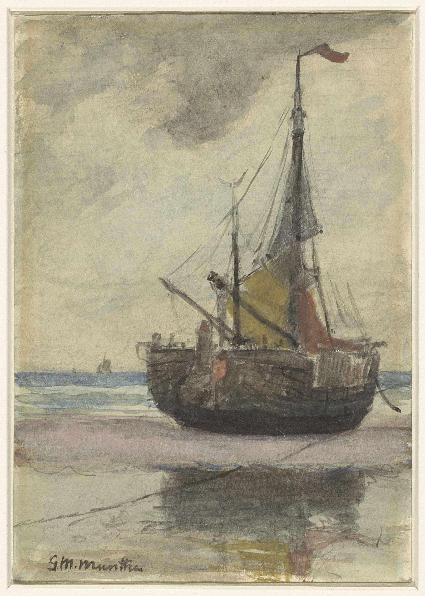 Vissersboot op het strand met gereefd zeil