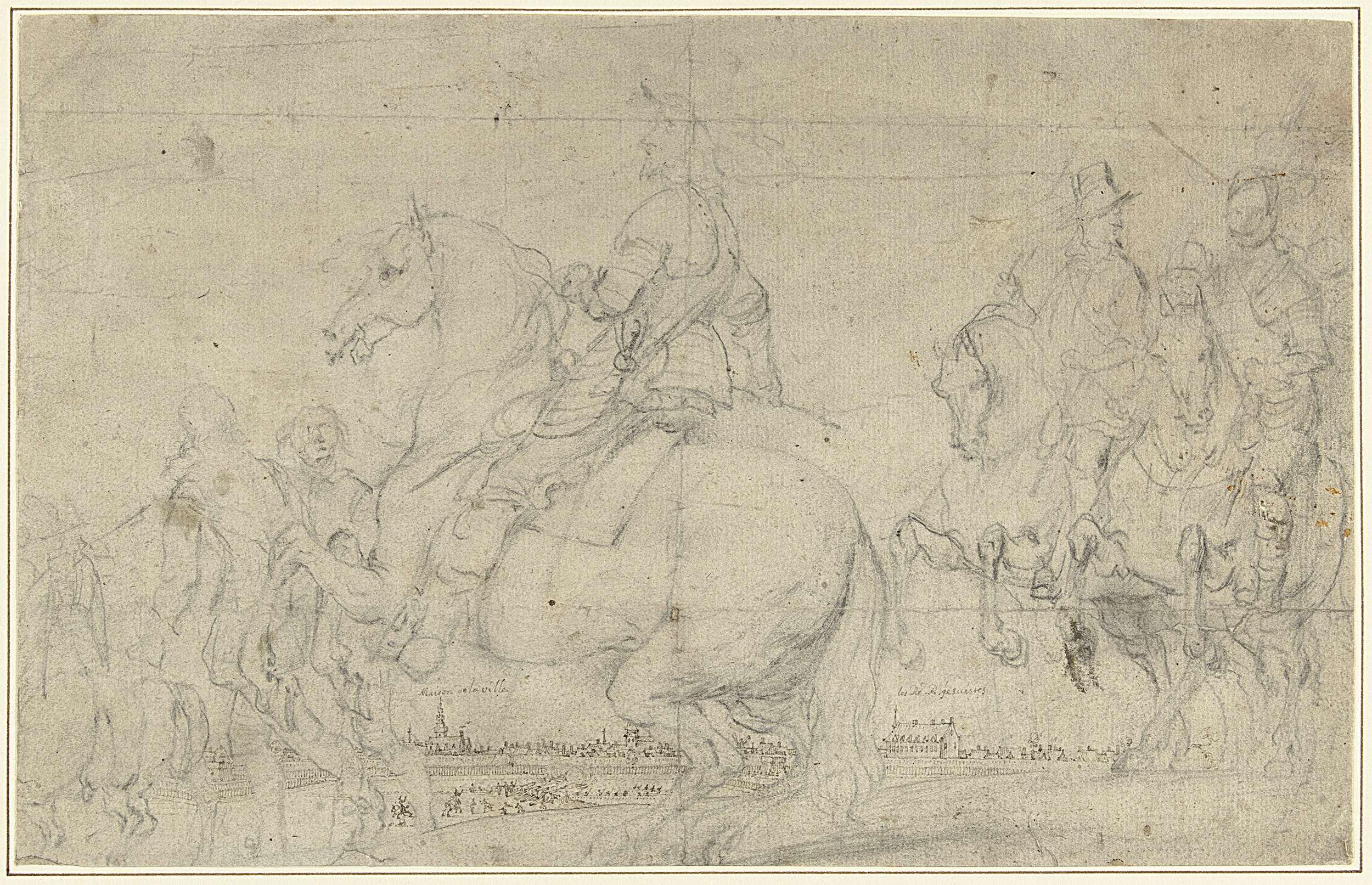 Officieren te paard, in de verte een stad