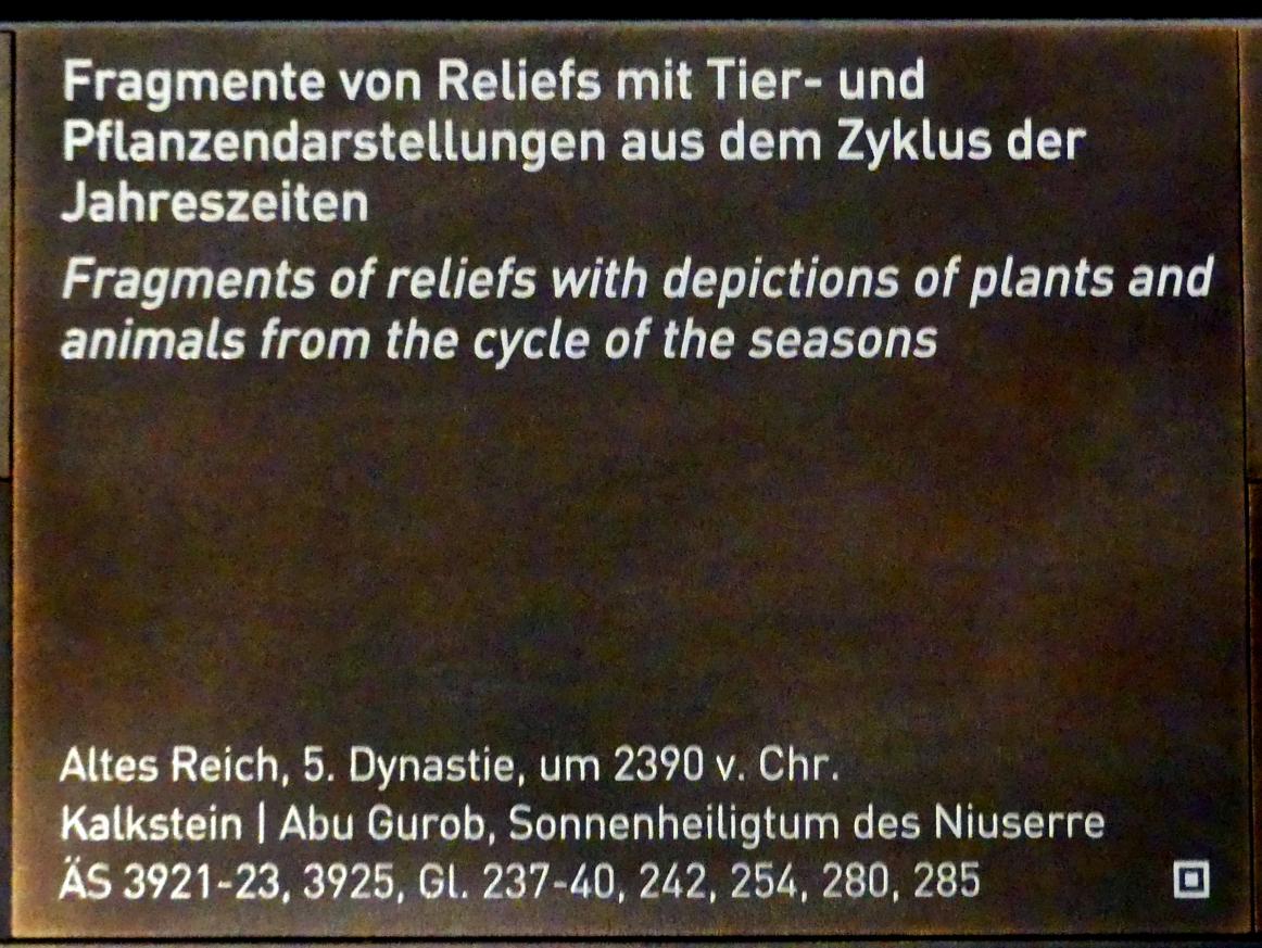 Fragmente von Reliefs mit Tier- und Pflanzendarstellungen aus dem Zyklus der Jahreszeiten, 5. Dynastie, Undatiert, 2390 v. Chr., Bild 2/2