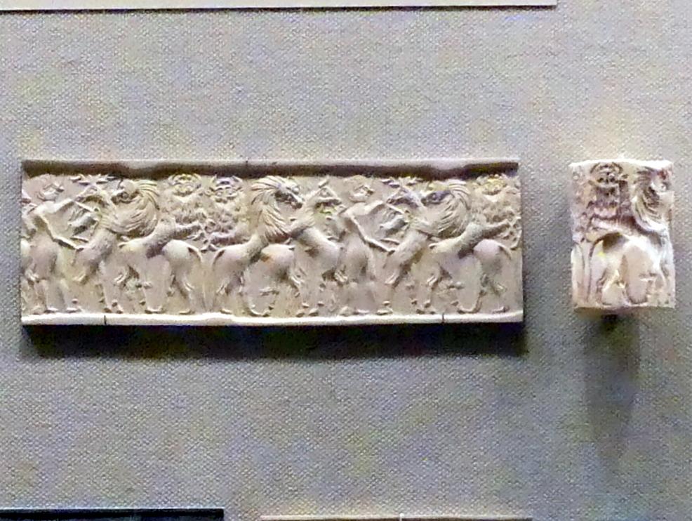 Rollsiegel mit moderner Abrollung: Helden- und Tierkampf, Frühdynastisch IIIb (Mesopotamien), 2900 - 2000 v. Chr., 2500 - 2350 v. Chr.