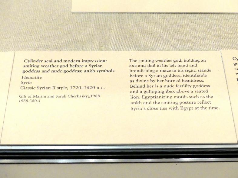 Rollsiegel und moderner Abdruck: Wettergott vor einer syrischen Göttin, nackte Göttin; Ankh-Symbole, 1720 - 1620 v. Chr., Bild 2/2