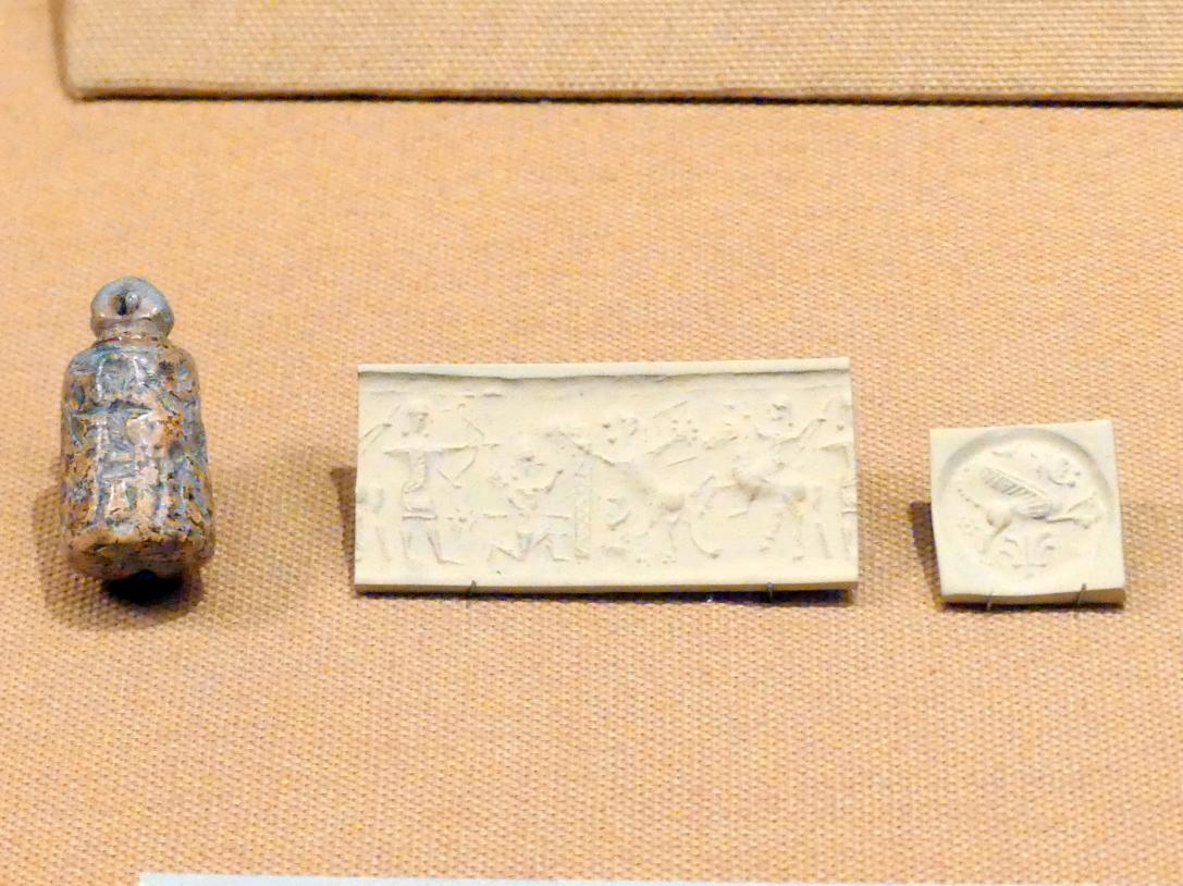 Roll- und Stempelsiegel (mit Schlaufengriff) mit moderner Abrollung: Jäger und Löwe, 800 - 600 v. Chr.