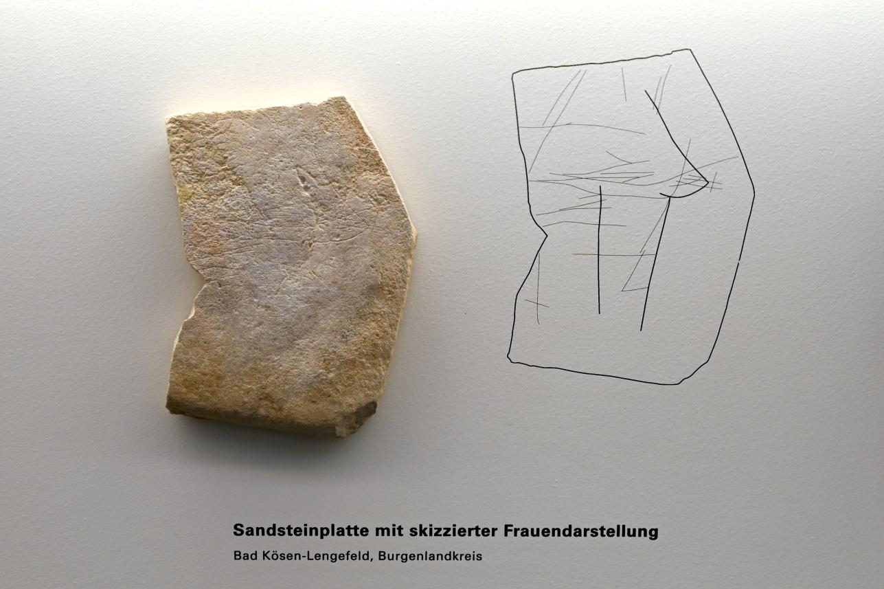 Sandsteinplatte mit skizzierter Frauendarstellung, Magdalénien, 13000 - 10000 v. Chr.
