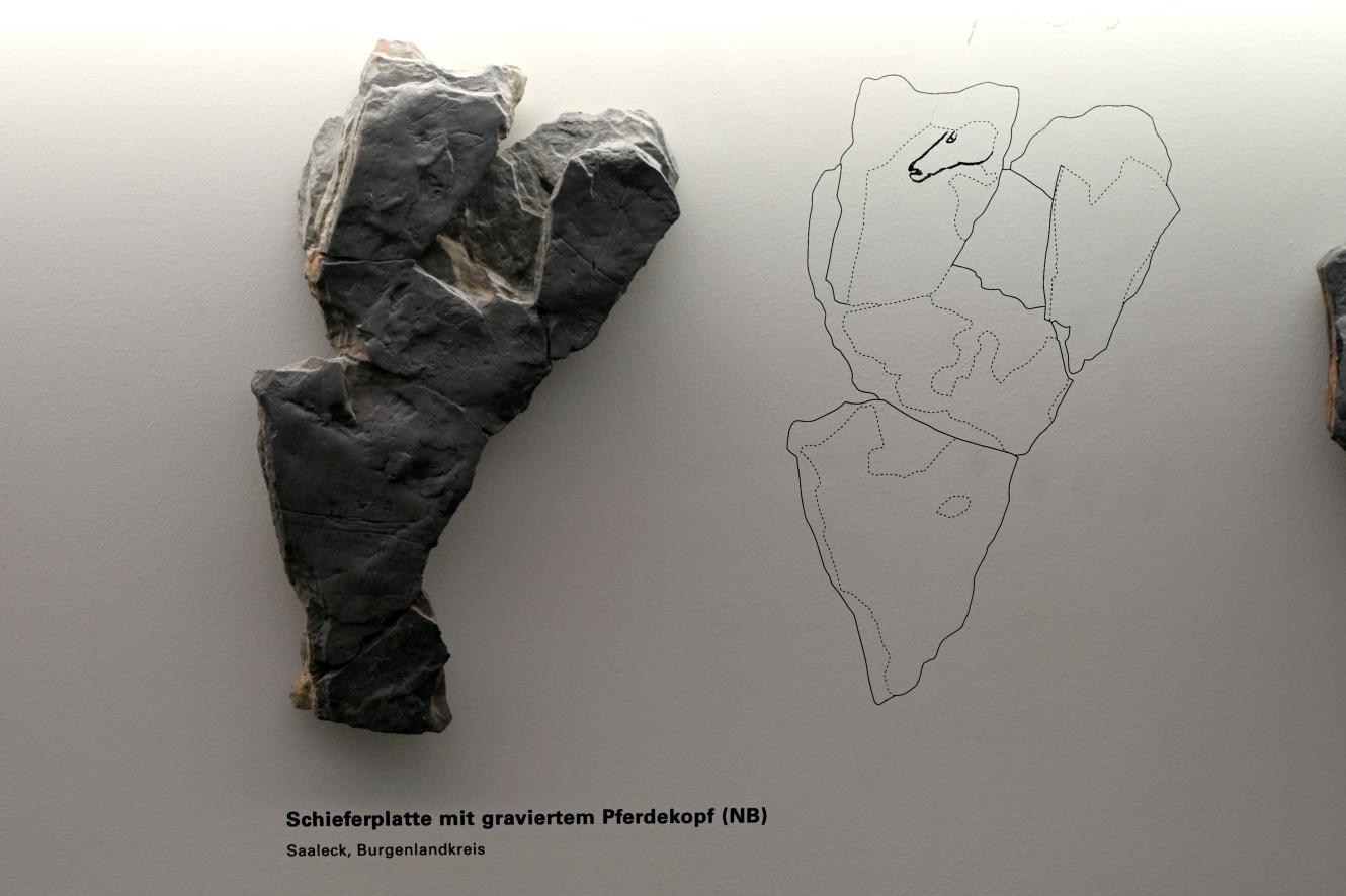 Schieferplatte mit graviertem Pferdekopf, Magdalénien, 13000 - 10000 v. Chr.